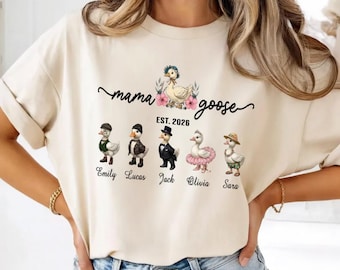 Camiseta personalizada de Mama Goose con nombres de niños, camiseta familiar personalizada con el año de fundación.
