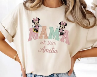 Camiseta bordada personalizada de Disney Minnie Mama con el nombre y el año de fundación, regalo para el Día de la Madre.