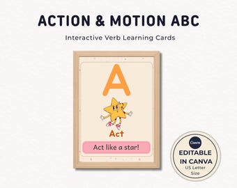 Pósteres del alfabeto en movimiento, ABC en movimiento para niños, decoración de pared para sala de juegos, plantilla editable de Canva tamaño carta estadounidense, aprendizaje activo