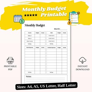 Puede incluir: Un planificador de presupuesto mensual imprimible con secciones para ingresos, gastos y deudas. El diseño incluye iconos para un calendario, dinero y un plan de presupuesto. El texto incluye "Monthly Budget Printable" y opciones de tamaño.