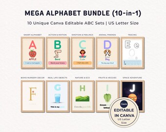 Paquete Mega Alfabeto: 10 conjuntos, 260 pósteres ABC editables, decoración para el aula, arte para la pared de la guardería, plantilla de Canva, tamaño carta estadounidense.