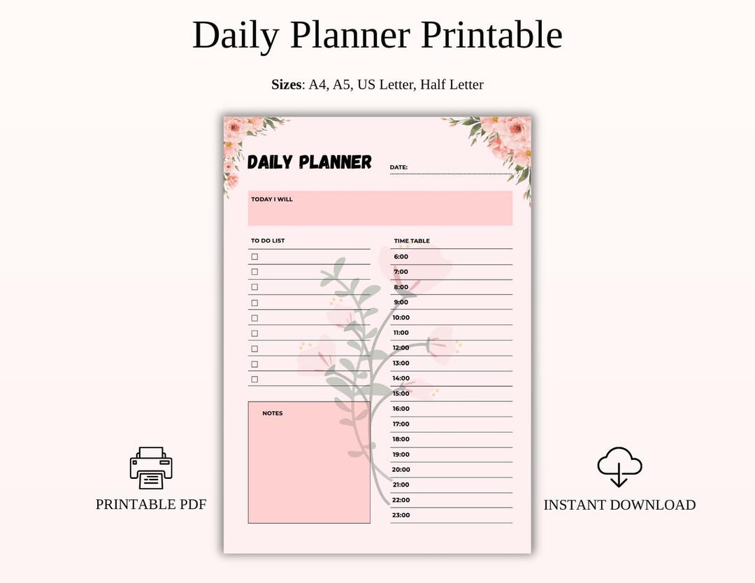 Soft Pink Watercolor Floral Daily Planner | Hourly Schedule, To-do List ...