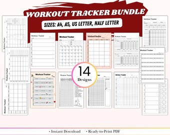Paquete imprimible de registro de entrenamiento / 14 registros de fitness únicos / Rastreador de progreso en el gimnasio, diario de ejercicios, planificador de entrenamiento y registro de hábitos