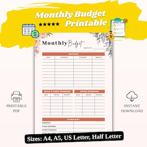 Planificador de presupuesto mensual floral / Registro estético de gastos fijos y variables / PDF imprimible