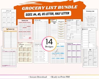 Paquete de listas de compras imprimibles / 14 listas de compras únicas / Organizador de cocina estético, lista de verificación de alimentos, lista de compras semanal