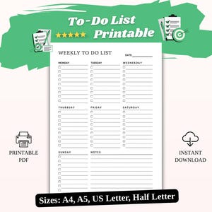 Classic Weekly To-Do List | Minimalist 7-Day Task Tracker with Horizontal Notes Section