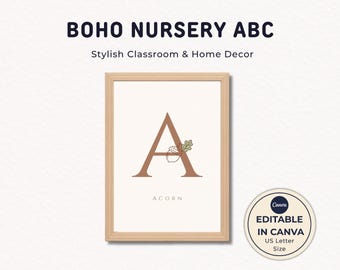 Arte mural con alfabeto bohemio, pósteres ABC en tonos tierra, decoración neutra para guardería, plantilla editable de Canva con letra carta estadounidense, estilo minimalista para niños.