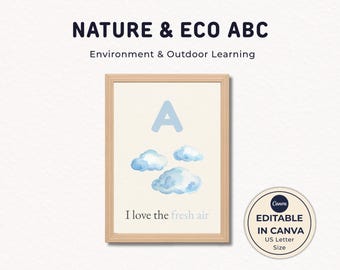 Arte mural del alfabeto de la naturaleza, pósteres ABC ecológicos en acuarela, decoración infantil con tonos tierra, plantilla editable de Canva para letra carta estadounidense, Green Kids
