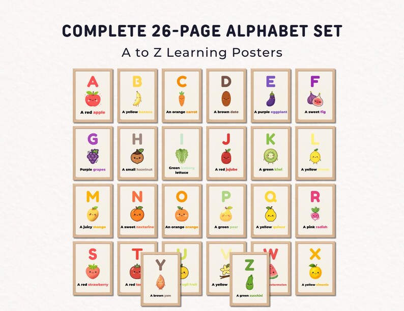 Fruit and Vegetable Alphabet, Healthy Food ABC Posters, Kawaii Veggie ...