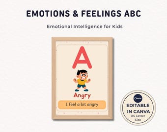 Pósteres del alfabeto de las emociones, arte mural del abecedario de los sentimientos, decoración para el aula de aprendizaje socioemocional, plantilla editable de Canva para la letra estadounidense, aprendizaje de la inteligencia emocional infantil