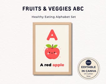 Alfabeto de frutas y verduras, pósteres ABC de alimentos saludables, arte mural de verduras kawaii, plantilla editable de Canva, tamaño carta estadounidense