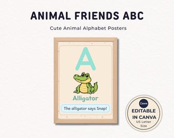Alfabeto de sonidos de animales, arte mural ABC para guardería, lindo alfabeto de animales, plantilla editable de Canva para letras estadounidenses, decoración para habitaciones infantiles