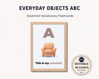 Alfabeto de objetos de la vida real, arte mural de objetos cotidianos ABC, pósteres de vocabulario infantil, plantilla editable de Canva, letra carta estadounidense