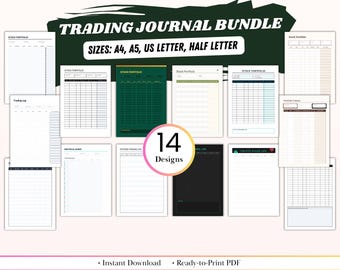 Paquete imprimible de diario de trading / 14 rastreadores de cartera de criptomonedas y acciones / Registro de operaciones con opciones, diario de inversión, análisis de mercado