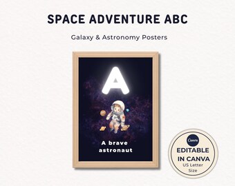 Arte mural del alfabeto espacial, pósteres ABC de astronautas, decoración infantil del espacio exterior, plantilla editable de Canva tamaño carta estadounidense, Galaxy Kids