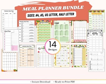 Paquete de planificadores de comidas imprimibles / 14 diseños únicos de menús semanales y mensuales / Organizador de vida creativo, lista de compras, páginas de recetas