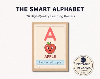 Alfabeto editable para pared para niños, pósteres para aprender el ABC, decoración para aulas preescolares, alfabeto inteligente en Canva, letra estadounidense