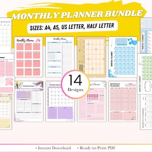 Monthly Planner Bundle | 14 Unique Printables | Creative Life Organizer, Monthly Layouts, Calendars & Goals Inserts