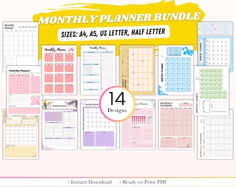 Paquete de planificadores mensuales / 14 imprimibles únicos / Organizador de vida creativo, diseños mensuales, calendarios e insertos para objetivos