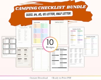 Paquete imprimible de listas de verificación para acampar / 10 registros únicos de equipo para actividades al aire libre / Planificador de aventuras, artículos esenciales para senderismo y listas de empaque para la naturaleza