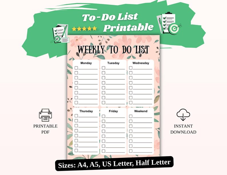 Weekly To-do List Template | Floral Peach Monday-weekend Planner With ...