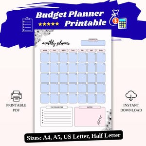 Pastel Monthly Planner Printable with Top Priorities and Notes for Efficient Task Management