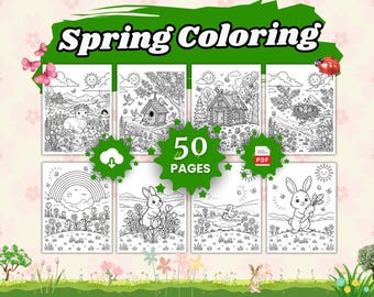 Dibujos para colorear de primavera, Libro para colorear de primavera, Actividades de primavera para niños, 50 hojas de actividades de naturaleza imprimibles (Descarga instantánea)