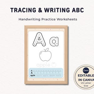 Arbeitsblätter zur Alphabetverfolgung, Handschriftübungen ABC, Aktivitätsblätter für Vorschulkinder, bearbeitbare Canva-Vorlage, US Letter