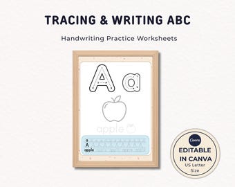 Hojas de trabajo para trazar el alfabeto, práctica de escritura a mano ABC, hojas de actividades preescolares, plantilla editable de Canva, letra carta estadounidense