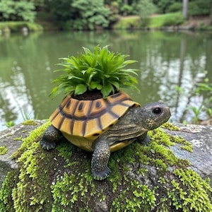 Puede incluir: Una maceta decorativa con forma de tortuga, con un caparazón amarillo y marrón, que contiene una planta verde. La tortuga está colocada sobre una roca cubierta de musgo, con un lago y árboles al fondo. Un elemento decorativo de jardín único.
