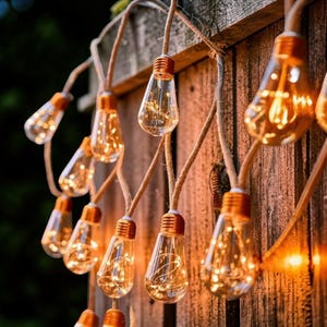 Puede incluir: Guirnalda de luces con bombillas transparentes en forma de lágrima y luces LED blancas cálidas. Las bombillas están suspendidas de una cuerda marrón y fijadas a una valla de madera. Las luces están encendidas, creando un ambiente acogedor.