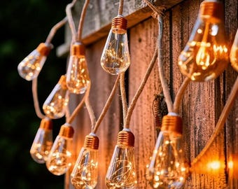 Guirnalda de luces solares de cuerda de cáñamo vintage, 7 m, 16 bombillas, resistente al agua, para exteriores.