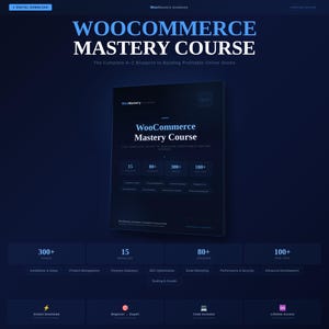 Może przedstawiać: Ciemnoniebieska grafika promująca kurs WooCommerce Mastery. Tekst zawiera "WooCommerce Mastery Course" i "The Complete A-Z Blueprint to Building Profitable Online Stores". Dodatkowy tekst podkreśla 15 modułów, 80+ lekcji i 100+ wskazówek.
