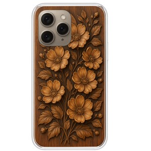 May include: A phone case with a wood-grain design featuring carved flowers and leaves in shades of brown and tan. The case has a clear border and a camera cutout.