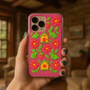 Peut inclure: Coque de téléphone rose avec un motif répété de lapins verts, de fleurs rouges et de maisons jaunes. La coque a une bordure transparente. Le motif est texturé et en trois dimensions. La coque est tenue par une main avec du vernis à ongles vert.