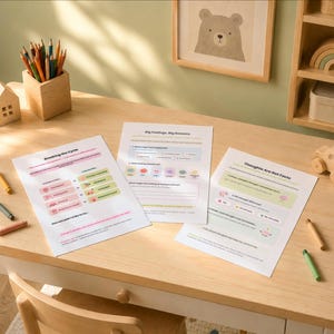 May include: Three white worksheets titled Breaking the Cycle, Big Feelings, Big Reasons, and Thoughts Are Not Facts, featuring colourful text and icons, arranged on a light wood desk with a wooden pencil holder containing coloured pencils.