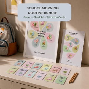 Könnte beinhalten: Ein Schulmorgen-Routine-Set mit einem großen Poster, einer Checkliste und 18 Routinekarten. Die Artikel zeigen bunte Illustrationen von Zeichentrickfiguren und Text, darunter My School Morning Routine, I'm Getting Ready und Great Job! Let's Go!