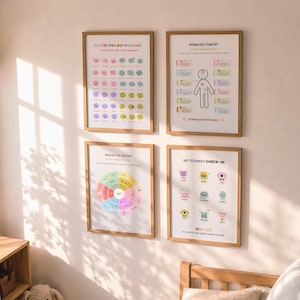 Könnte beinhalten: Vier gerahmte Poster mit Holzrahmen werden an einer Wand angezeigt. Die Poster zeigen farbenfrohe Illustrationen und Texte zu Gefühlen und Emotionen. Das obere linke Poster lautet "ALLE GEFÜHLE SIND WILLKOMMEN". Das obere rechte Poster lautet "Wo fühle ich es?"