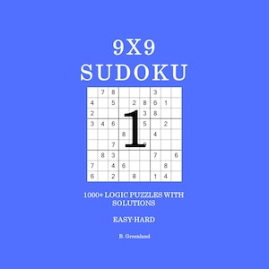 May include: A blue book cover with the title "9x9 Sudoku" in white. The cover features a Sudoku puzzle grid with numbers and a large number "1" in the center. Text below reads "1000+ Logic Puzzles with Solutions, Easy-Hard".