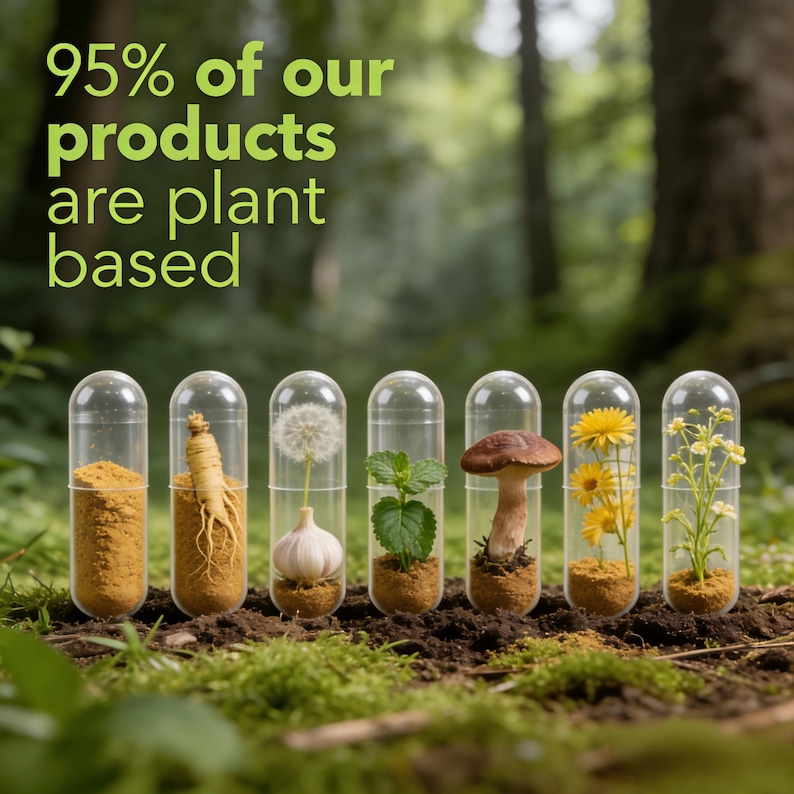 K&ouml;nnte beinhalten: Klare Kapseln mit pflanzlichen Inhaltsstoffen wie Wurzeln, Pilzen und Blumen, auf Erde platziert. Der Text "95% unserer Produkte sind pflanzlich" in Gr&uuml;n unterstreicht den nat&uuml;rlichen Ursprung der Produkte.