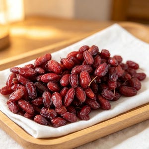 Puede incluir: Un montón de bayas de goji secas, de color marrón rojizo, sobre un paño blanco, presentado en una bandeja de madera. Las bayas tienen una textura ligeramente arrugada y un color profundo y rico. La iluminación resalta los tonos naturales de los alimentos.