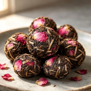 May include: A collection of spherical tea balls composed of tightly woven dark brown tea leaves and vibrant pink rose petals. The tea balls are arranged in a cluster, with several loose pink rose petals scattered around the base of the group.