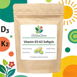 May include: A brown paper bag of UsNua Sana Vitamin D3 K2 Softgels. The white label features the product name, a leaf and flower logo, and the phrases "Nature's Capsule", "Clean & Pure", "Vegan Friendly", and "Naturally Sourced".