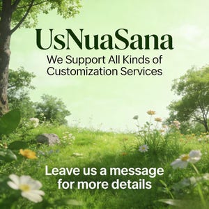 K&ouml;nnte beinhalten: Eine gr&uuml;ne Landschaft mit dem Text "UsNuaSana" in Dunkelgr&uuml;n. Das Bild enth&auml;lt den Text "We Support All Kinds of Customization Services" und "Leave us a message for more details". Die Szene zeigt B&auml;ume, Blumen und eine Wiese.