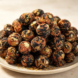Puede incluir: Un gran montón de bolas de té esféricas compuestas por hojas de té oscuras fuertemente comprimidas mezcladas con pétalos de flores secas de color naranja, amarillo y blanco. Las bolas de té están dispuestas en un montículo sobre un plato claro.