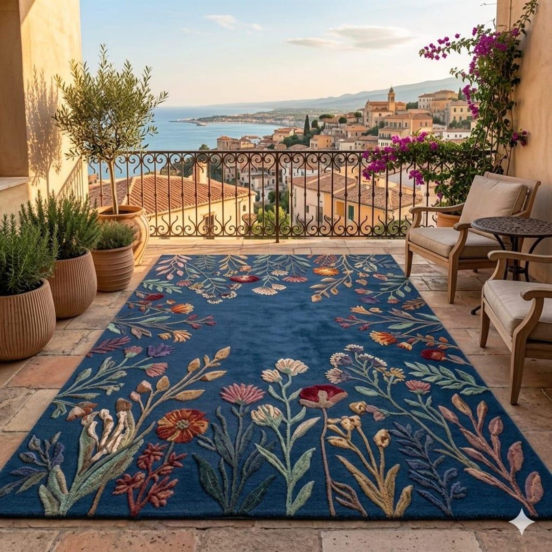 Botanical Floral Area Rug, Hand Tufted Wool Carpet, Elegant Living Room ...