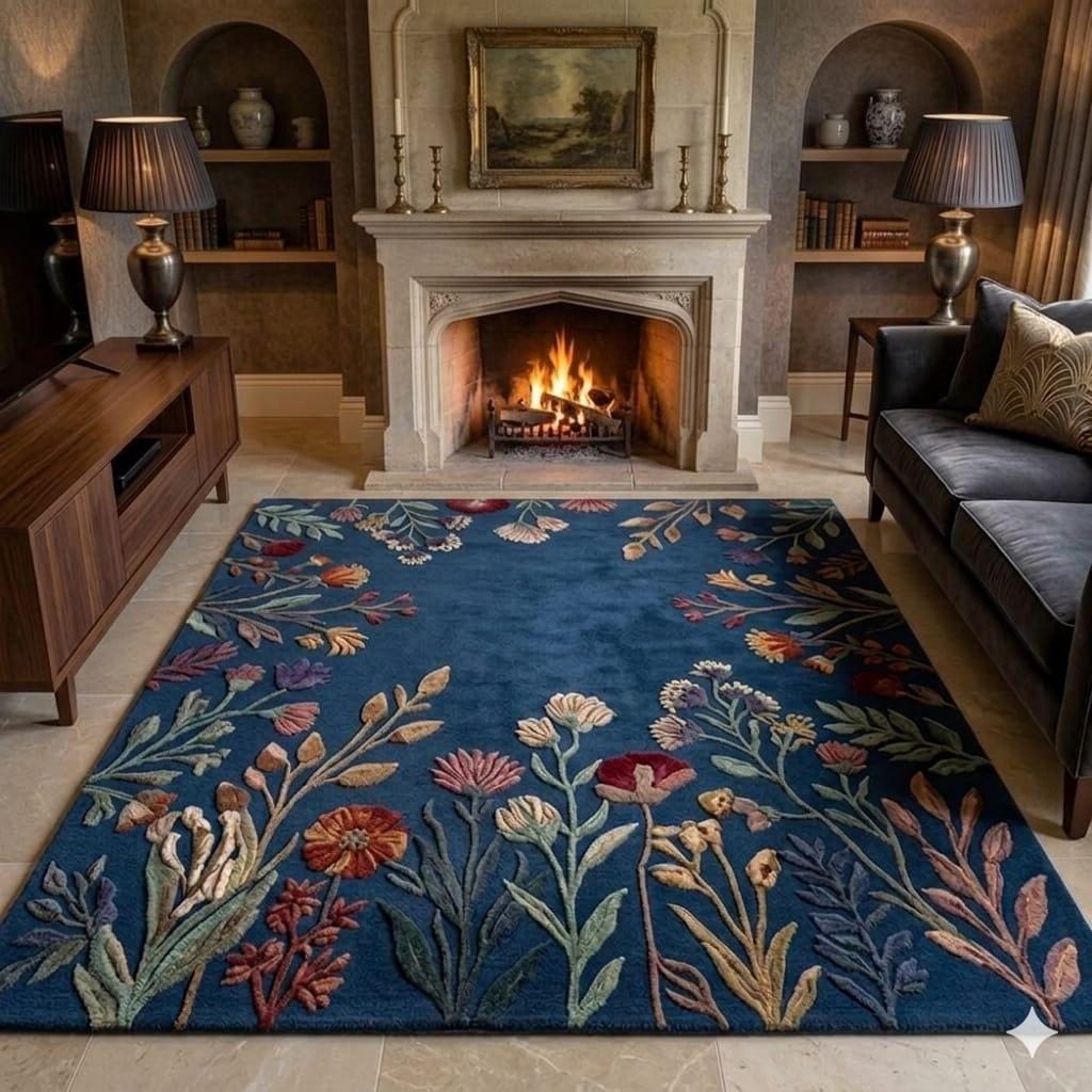 Botanical Floral Area Rug, Hand Tufted Wool Carpet, Elegant Living Room ...
