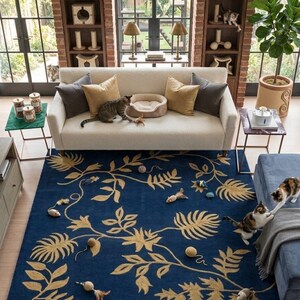 Navy Blue Botanical Area Rug Tufted Leaf Pattern Carpet Modern Living Room Decor