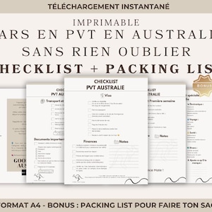 Peut inclure: Ensemble de listes de contrôle et de listes de colisage imprimables pour un PVT en Australie. Les documents incluent des listes de contrôle pour les visas, les finances et d'autres documents importants. Le texte dit "Checklist + Packing List".