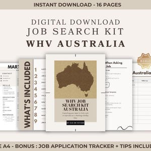 Peut inclure: Kit de recherche d'emploi à télécharger pour WHV Australie, comprenant 16 pages. Il comprend un modèle de CV, une liste de ce qui est inclus et un suivi des candidatures. La couverture présente une carte de l'Australie.